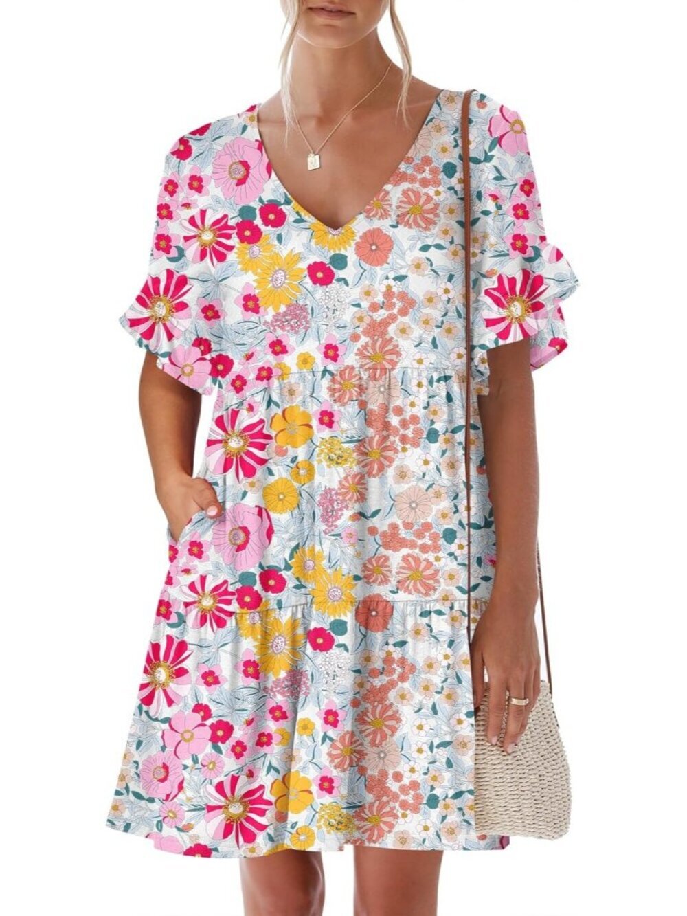 Anrabess Women's Multicolor Neck Ruffle Sleeve A Line Tiered Mini Flowy Dress